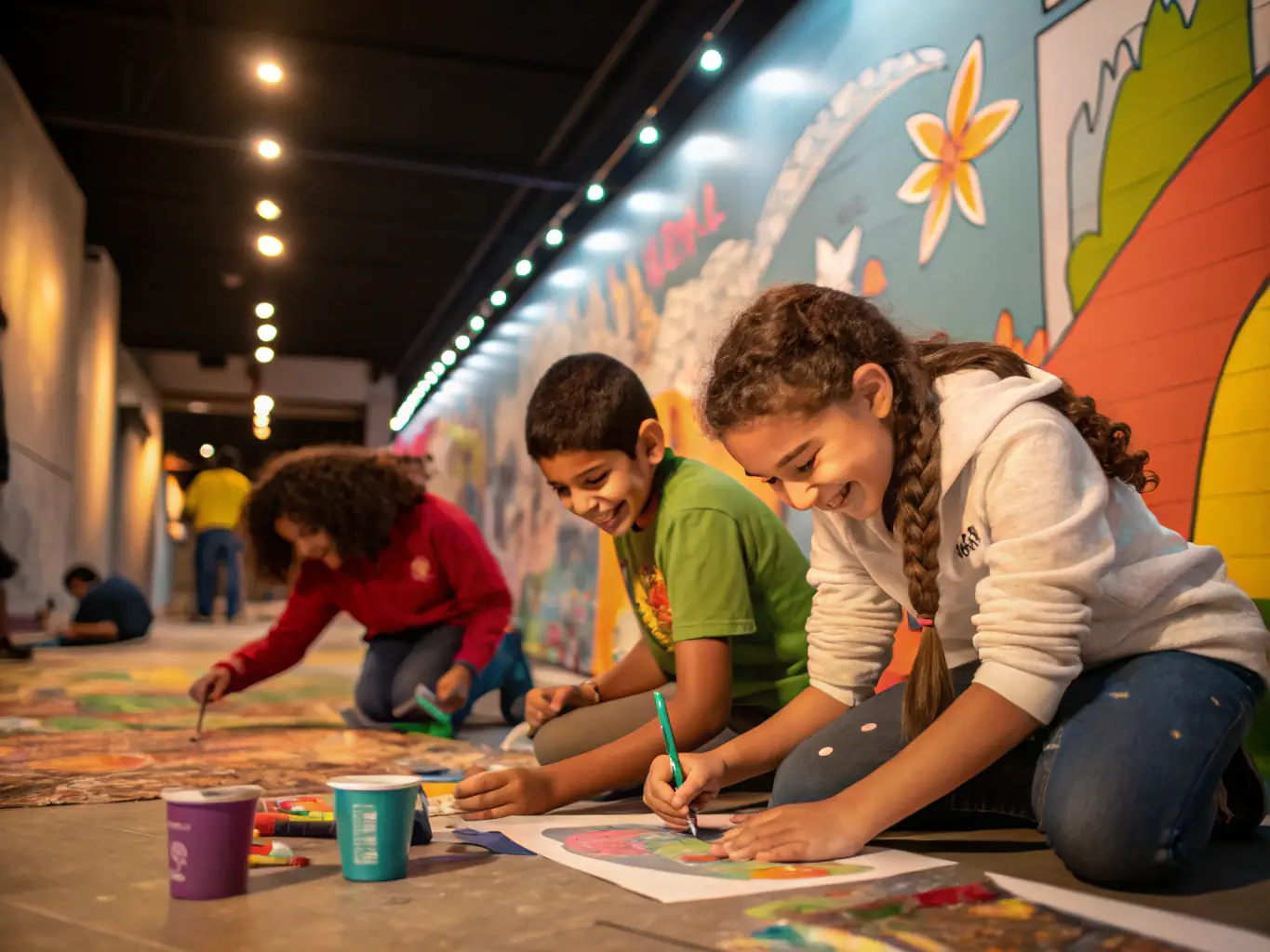 A photograph depicting participants actively engaged in a hands-on art workshop organized by ASSO ENSEMBLE MAX PINCHARD, showing individuals of various ages and backgrounds collaborating on a creative project.