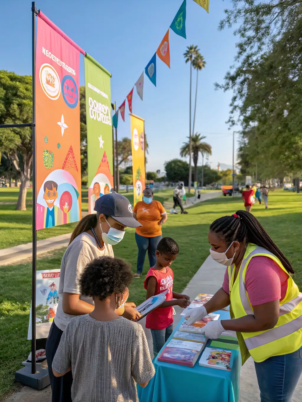 A photograph of a community outreach event organized by ASSO ENSEMBLE MAX PINCHARD, showing volunteers and participants interacting positively. The scene captures the spirit of collaboration and community support.