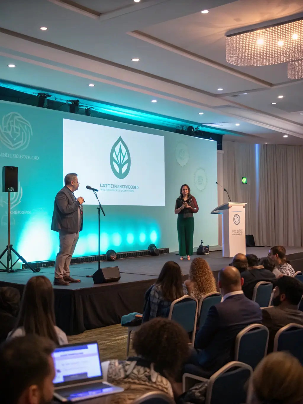 A professional photograph of a conference setting, with speakers on stage and attendees actively participating in discussions, set in a modern and well-lit venue.