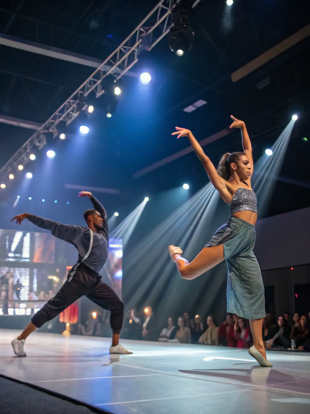 A dynamic image of dancers in mid-performance, showcasing fluid movements and expressive choreography, set against a minimalist stage backdrop.