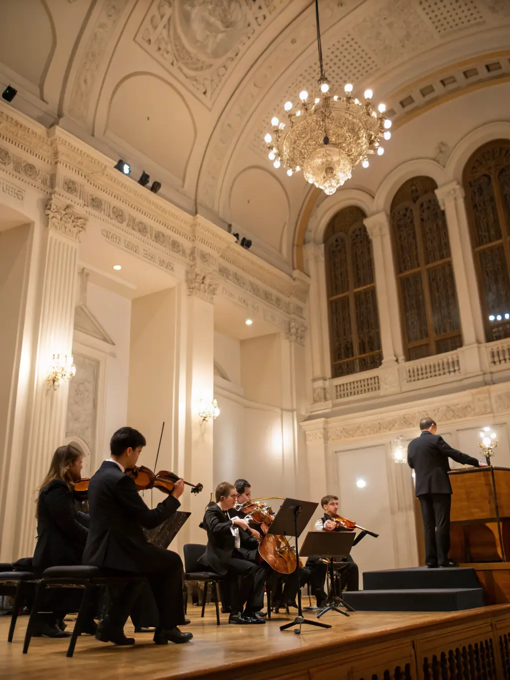 A photograph capturing a dynamic scene from the Cultural Performance Series, featuring musicians passionately playing their instruments on stage during a live concert. The lighting is dramatic, highlighting the energy and emotion of the performance.