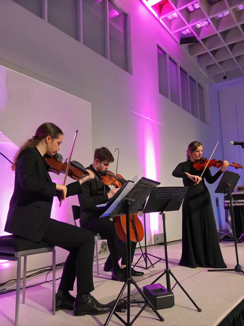 A photograph capturing a string quartet performing live on stage, bathed in warm, inviting light, with a focus on the musicians' intense concentration and the rich textures of their instruments.